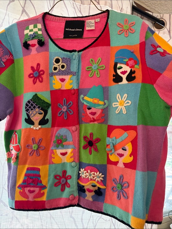 Michael Simon Sweaters - Michael Simon Bright Multi-Color Appliqué Patchwork Cardigan